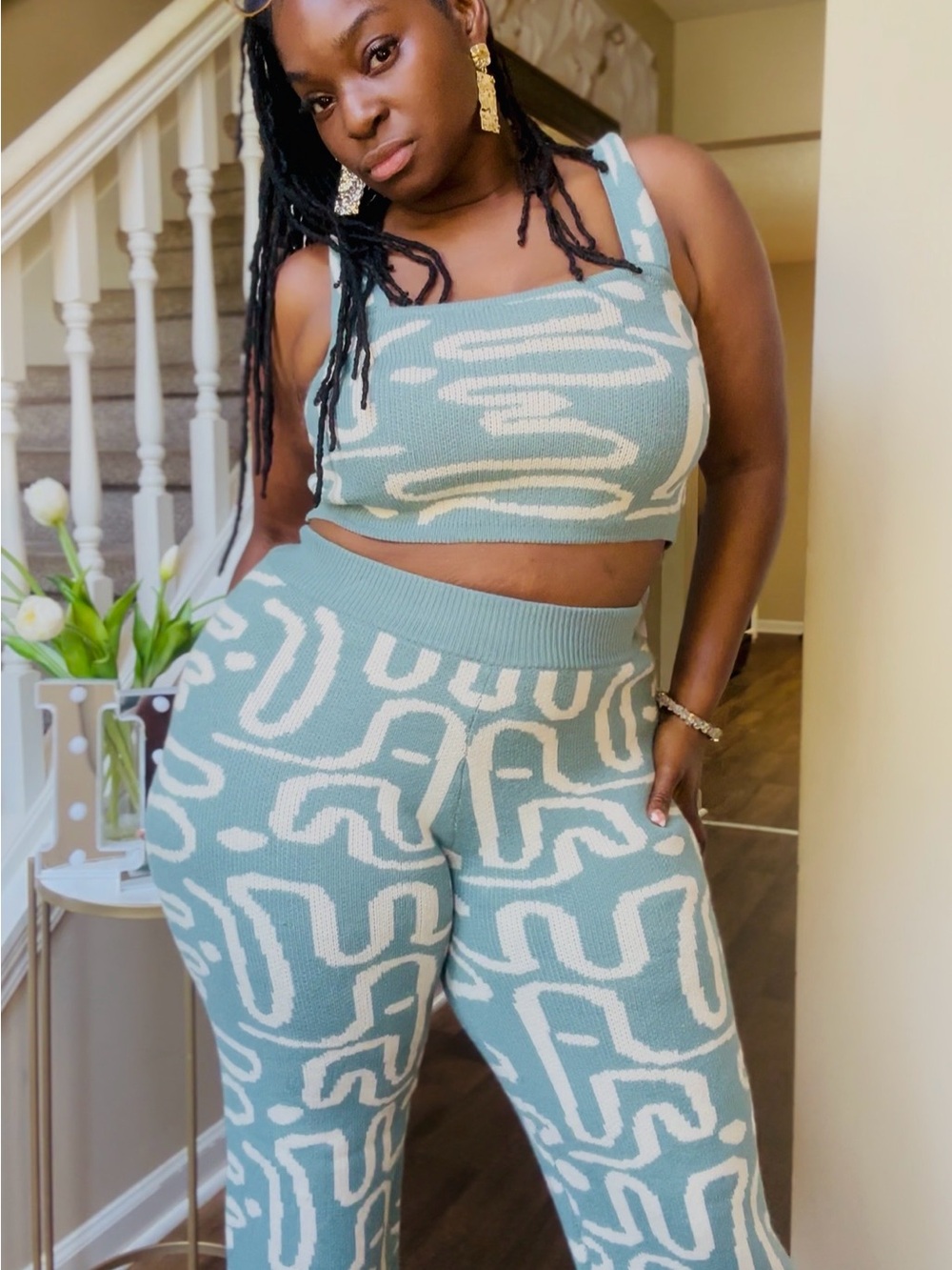 Knit High-Waist Wide-Leg Pants set - Seafoam/White